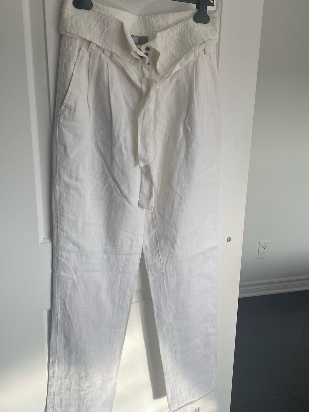 Tristan White Linen-Blend Button Front Pants